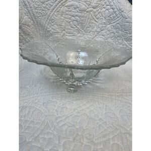 New Martinsville Flower Basket-Clear 11 Inch 3 Toed Footed Etched Crimped Bowl